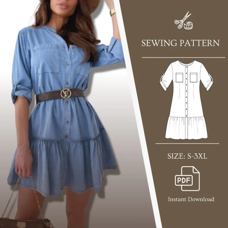 Sewing PDF dress pattern with button placket, mid waist dress, buttons dress, instant download pdf,