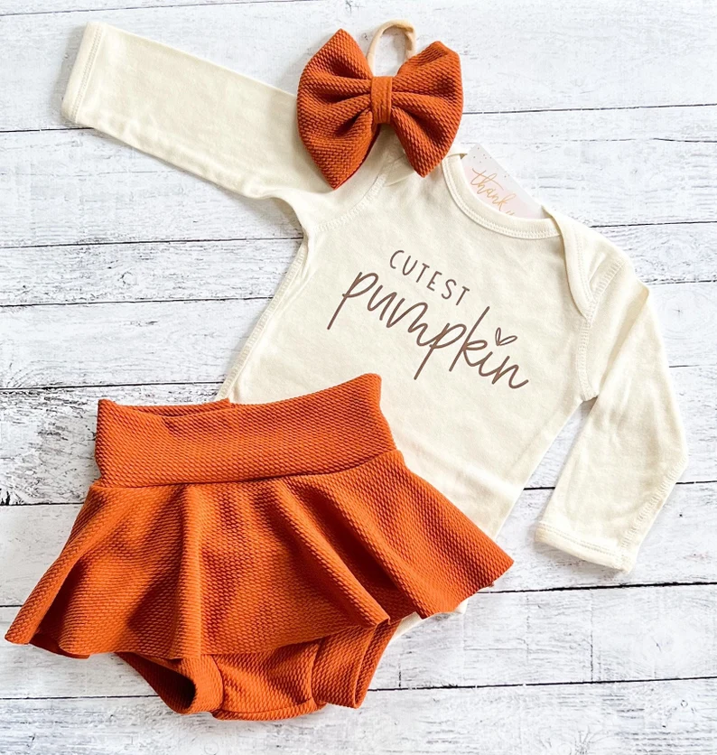 Thanksgiving Fall Outfit Baby Girl, Pumpkin Skirted Bummie Outfit, Pumpkin Patch Outfit, Niece Aunt Gift