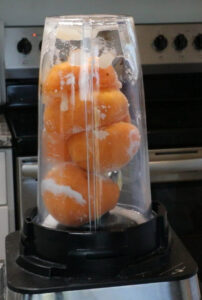 Blending Apricots with sugar to make fruit puree.
