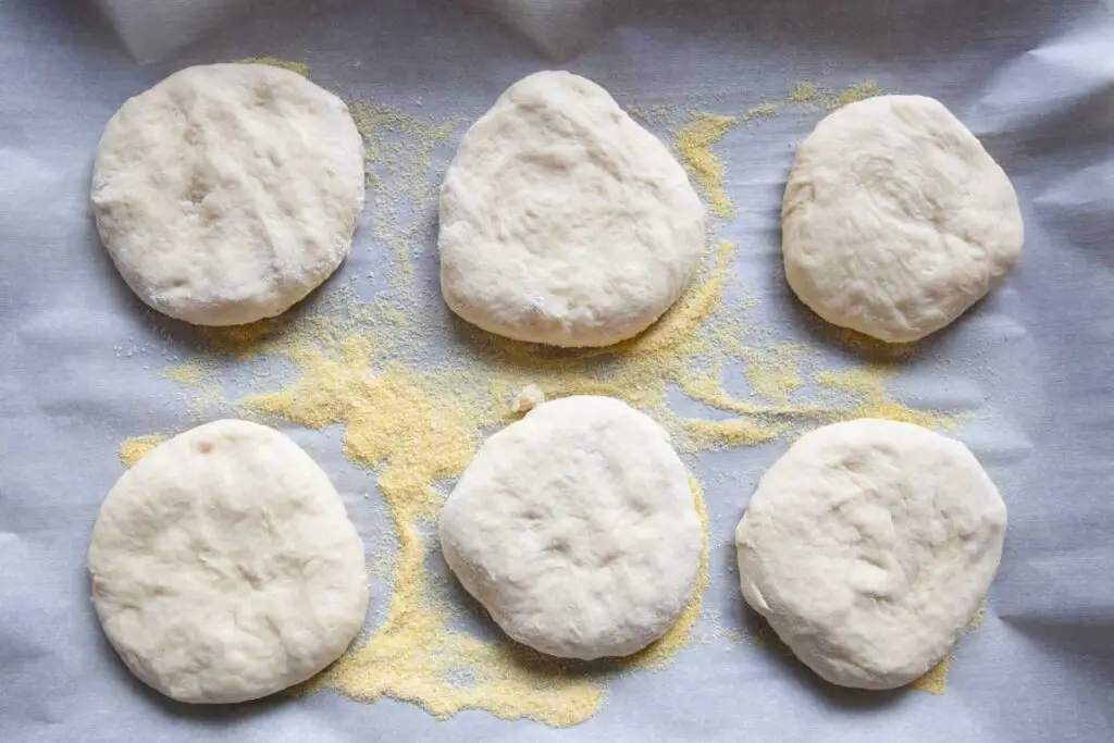 Shaped sourdough english muffin patties on parchment