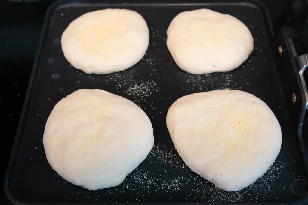 Cooking sourdough english muffins on non-stick pan