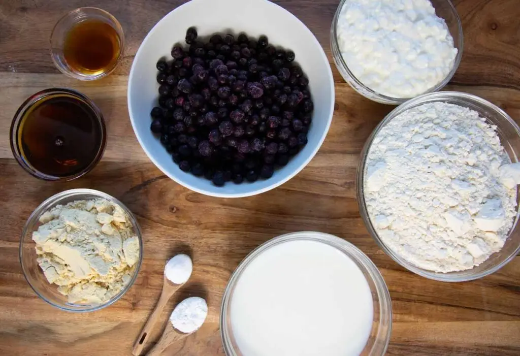 Ingredients for blueberry cottage cheese protein muffins